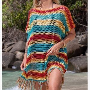 New Rainbow Crochet Cover Up Dress